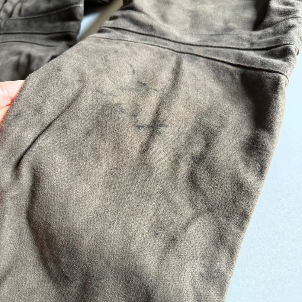BALMAIN Biker Pants Green Brown Moto Suede Ribbed Knee Men's Size 34 Distressed